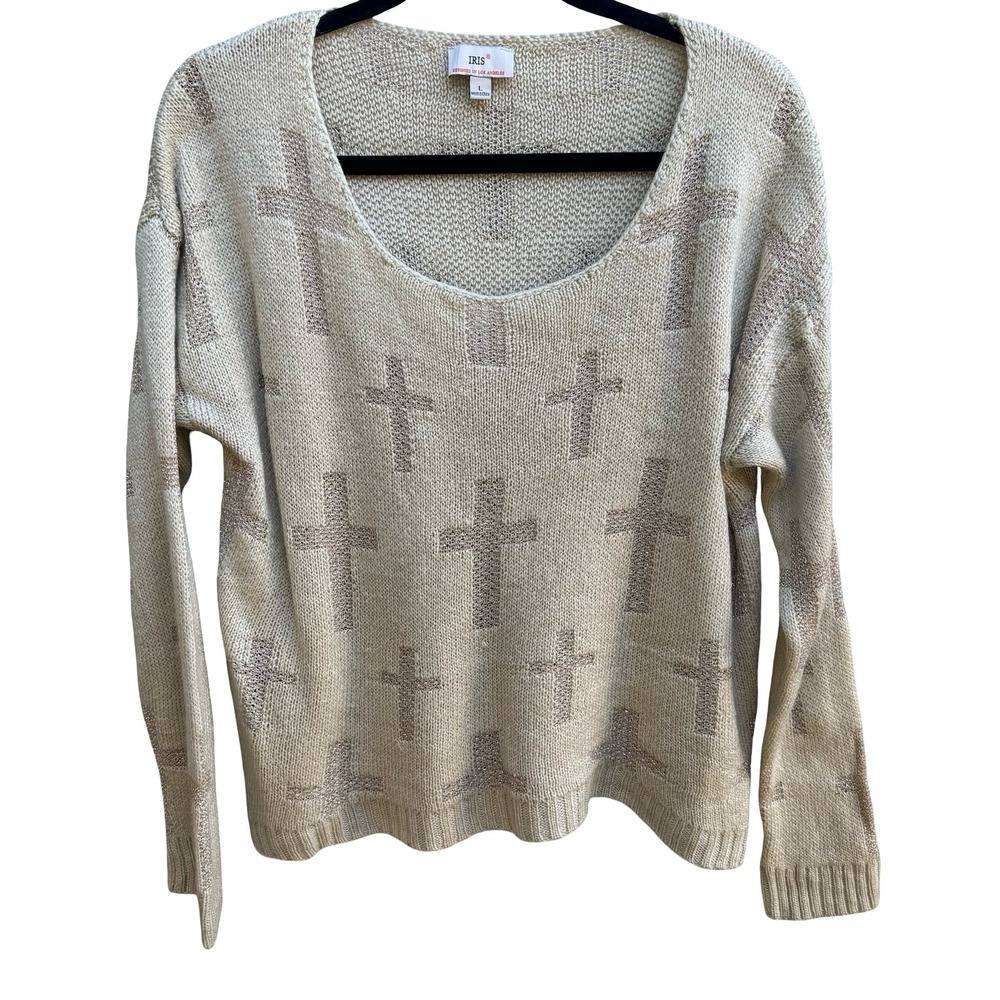 IRIS Y2K Goth Grunge Alt Metallic Cross Pattern Shimmer Knit Sweater Beige L